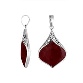 Sterling Silver Red Coral Drop Shape Pendant With Polished Balinese Design
